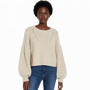 Topshop Pointelle Balloon Sleeve Sweater Womens L Cream Chunky Knit Cottagecore
